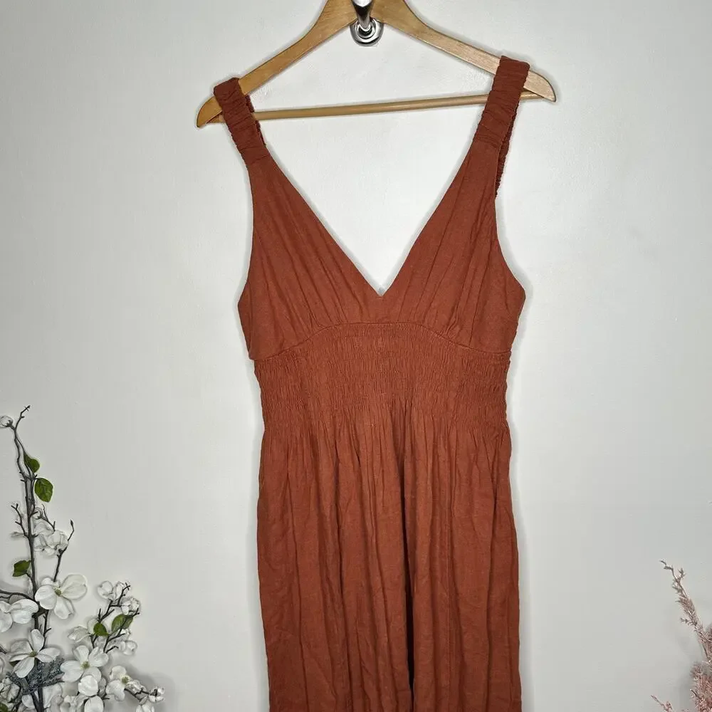 ABERCORMBIE & FITCH Scrunchie Strap Maxi Dress Rust Brown Sz L Petite $120 {D43}